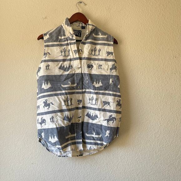 Vintage 90s western cowboy print sleeveless button up shirt size large - Picture 1 of 6